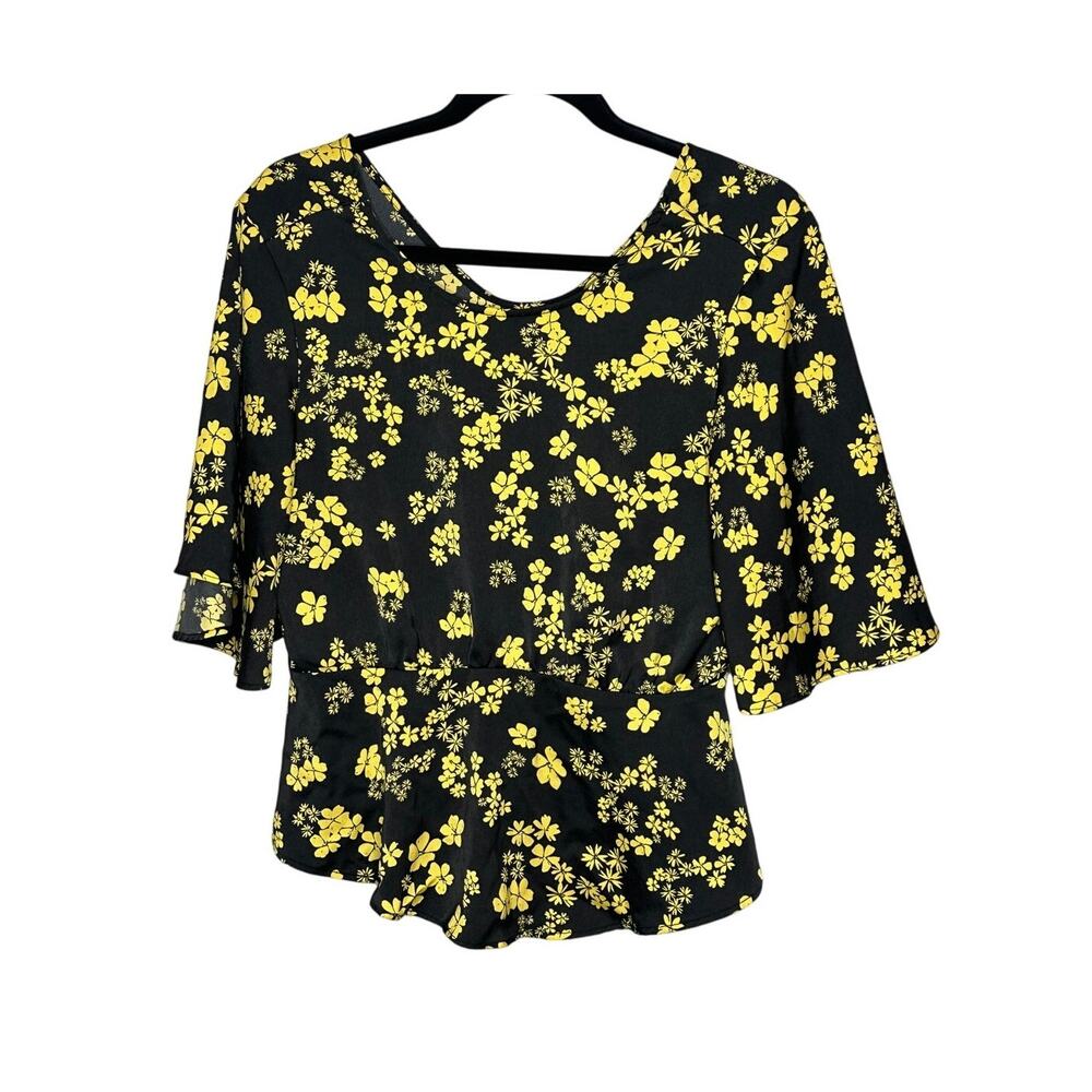 Who What Wear Blouse Womens S Black Yellow Floral Peplum Flutter Sleeve Top EUC